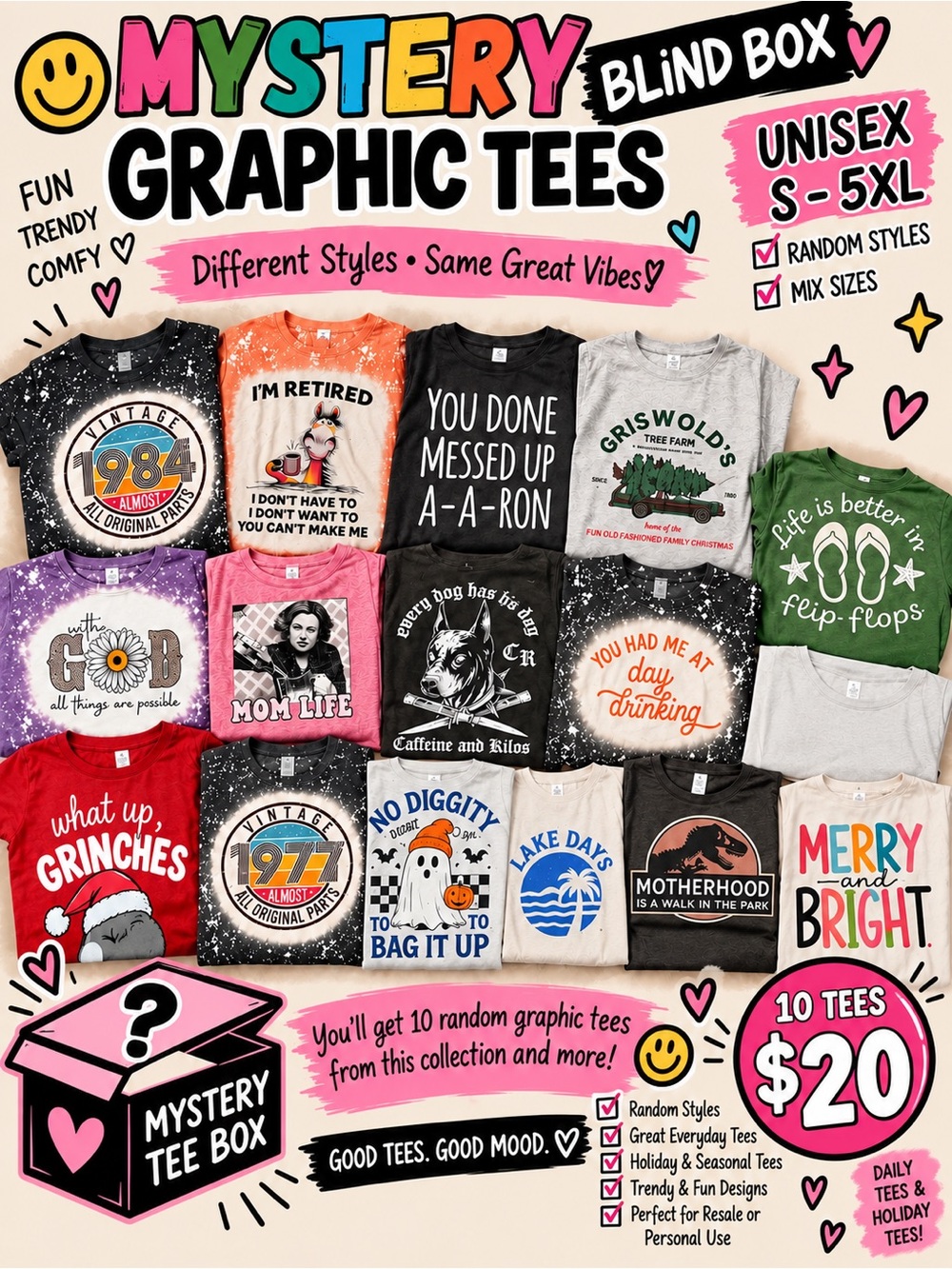 10 PCS Mystery Graphic Tee - Assorted Colors